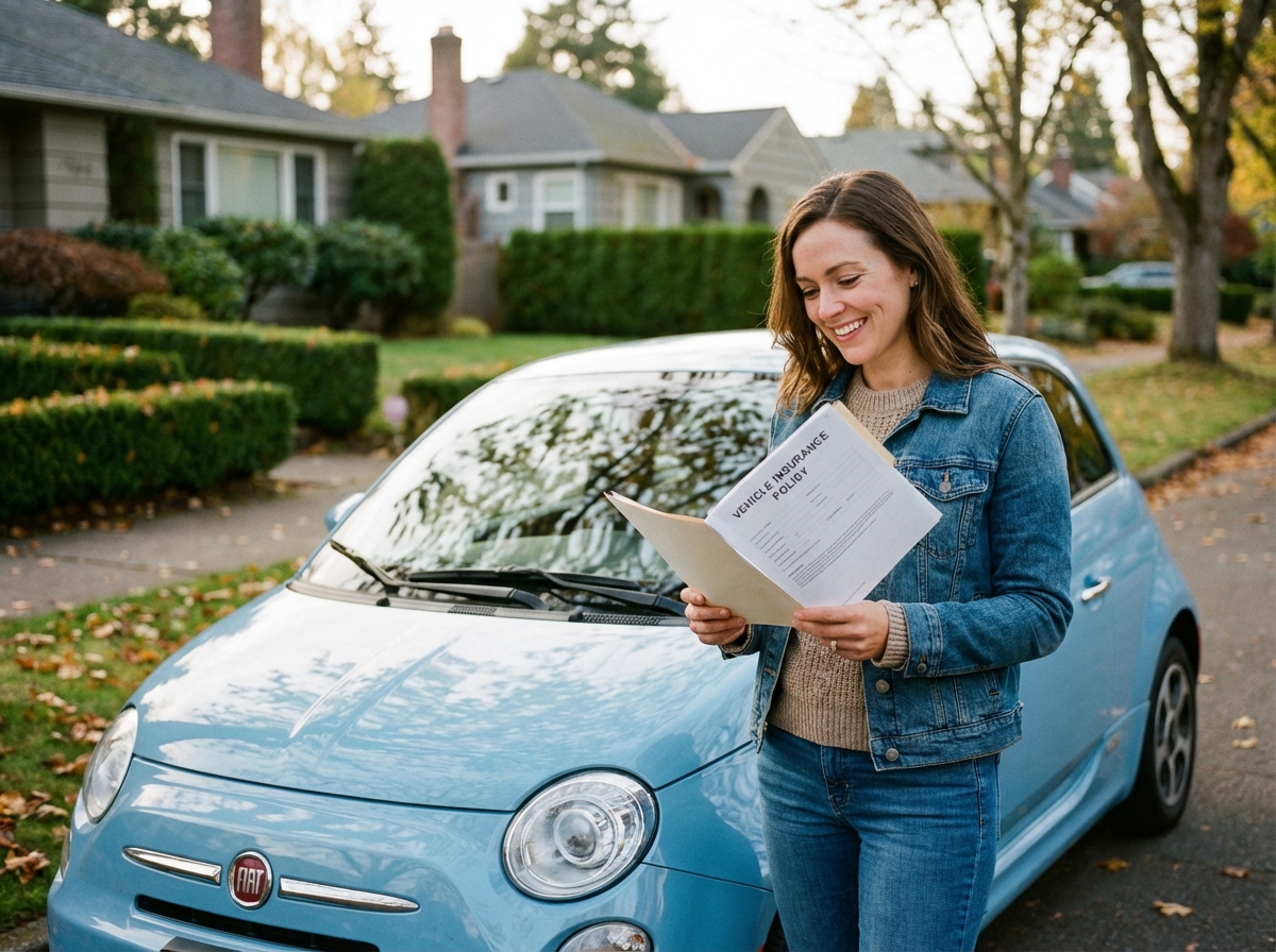 Femme souriante avec papiers d'assurance voiture compacte