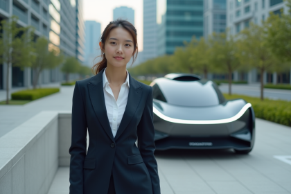 Jeune femme en costume près d'une voiture autonome moderne