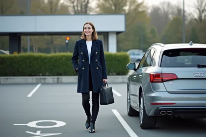 Femme souriante en coat navy préparant son véhicule au parking