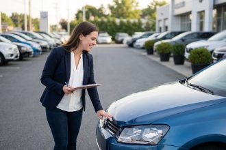 Jeune femme examinant la grille d'une voiture neuve
