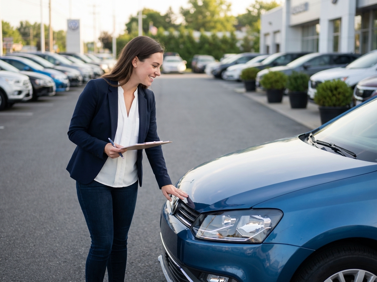 Jeune femme examinant la grille d'une voiture neuve