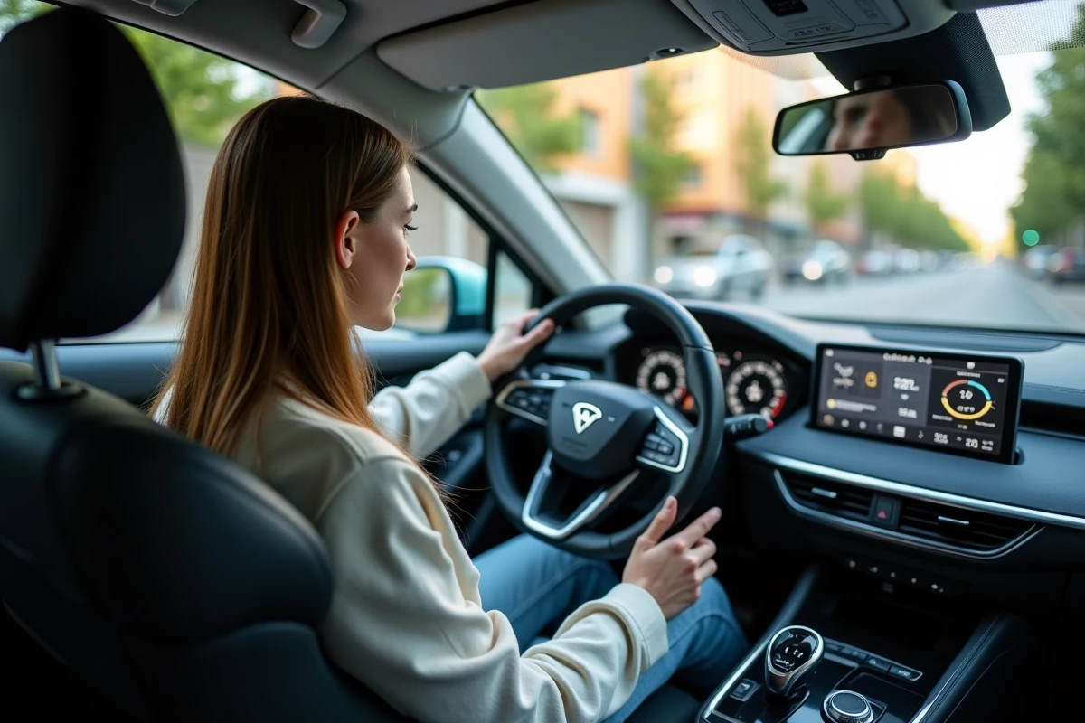 Jeune femme utilisant un tableau de bord num&eacute;rique dans sa voiture