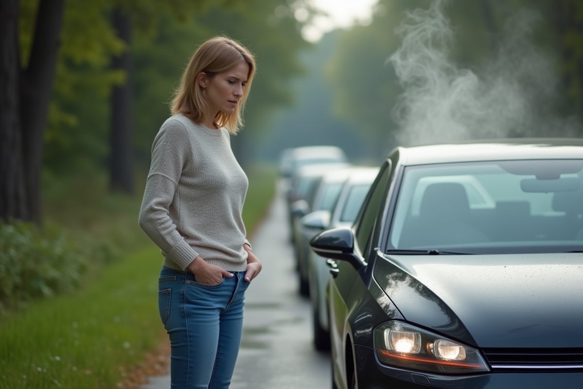 Femme regardant la vapeur s’échappant du capot de sa voiture
