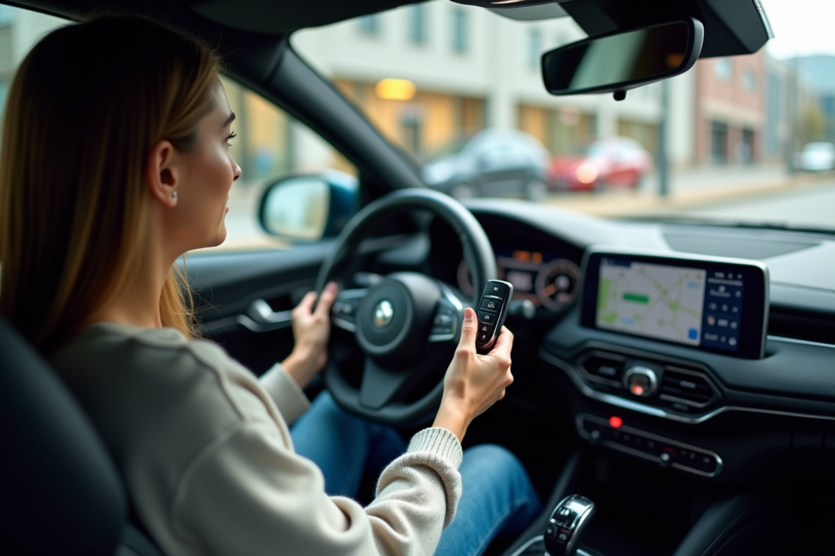 Jeune femme utilisant la télécommande dans sa voiture