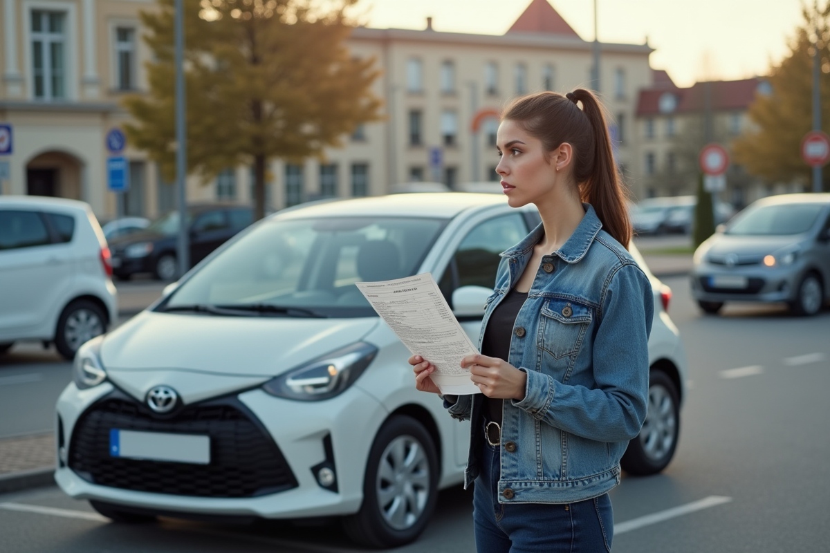 Jeune femme avec facture de taxe automobile devant sa voiture