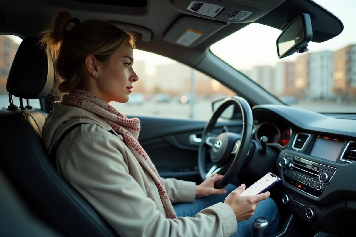 Jeune femme dans une voiture moderne utilisant un smartphone