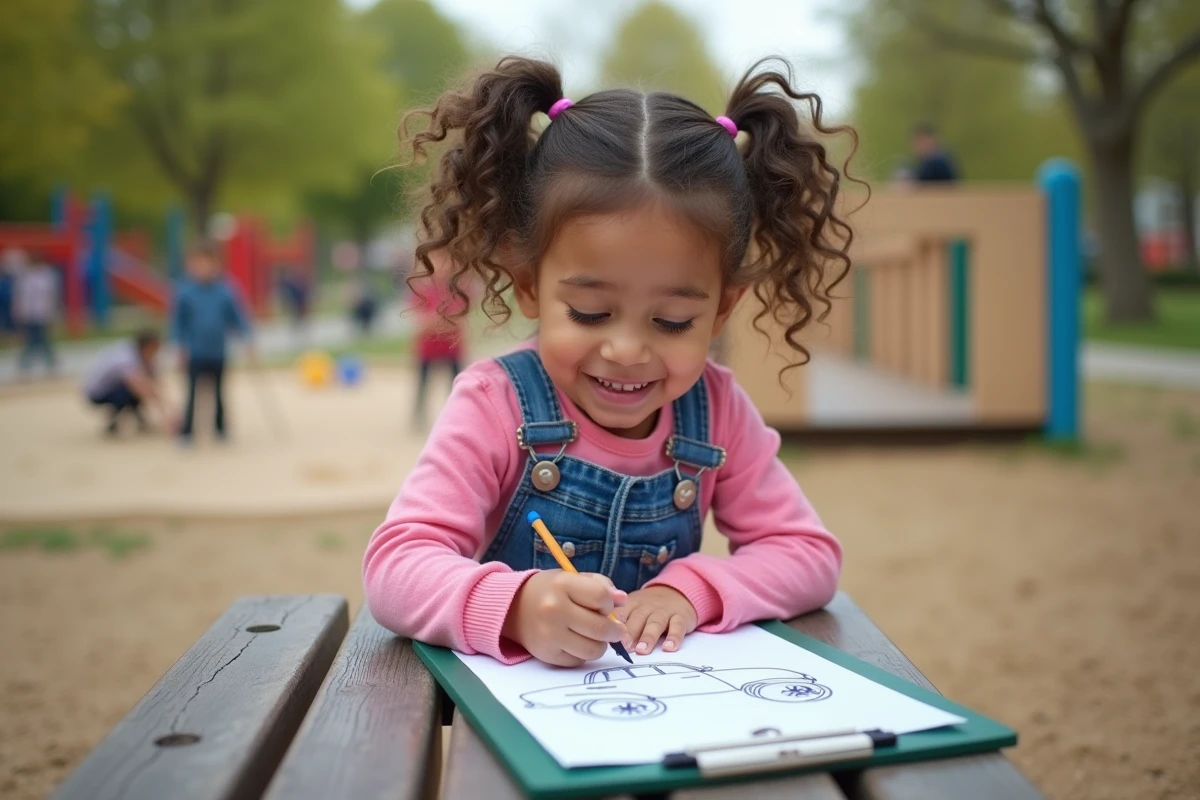 Fille de 5 ans tra&ccedil;ant un dessin en plein air