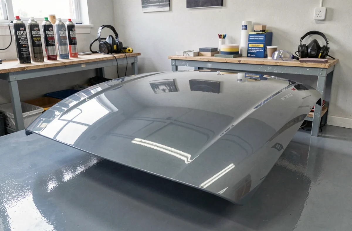 Capot de voiture avec finition vernis carrosserie brillante dans un garage particulier avec bombes aérosol et équipements de protection visibles