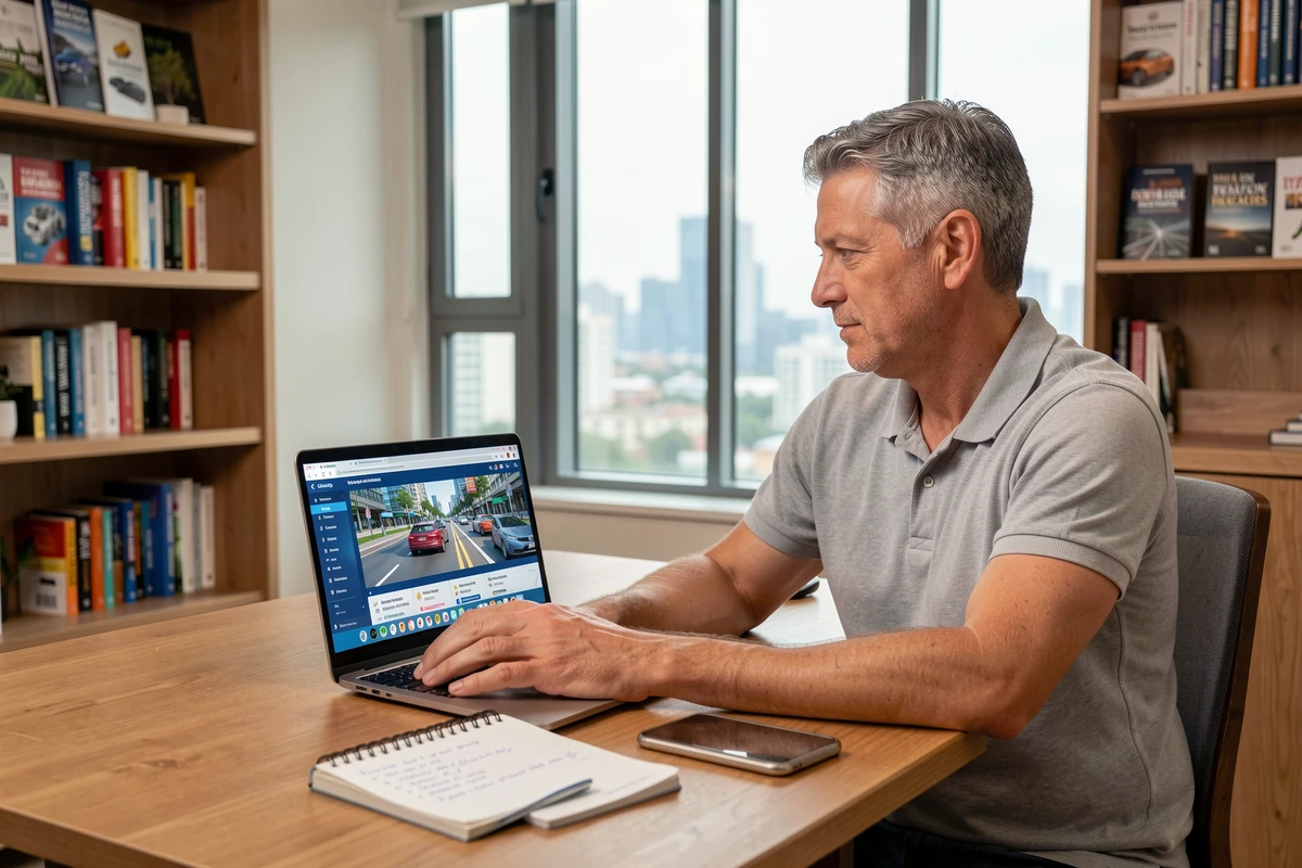 Homme suivant une formation de conduite urbaine en ligne sur son ordinateur portable depuis son bureau