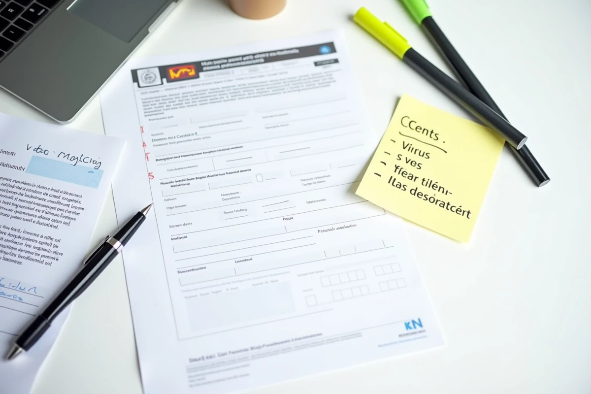 Vue aérienne d'un formulaire de demande de carte VTC par équivalence avec documents d'identité et liste de vérification manuscrite