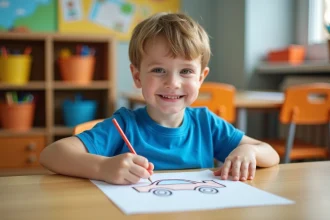Garçon de 4 ans coloriant dans une classe maternelle