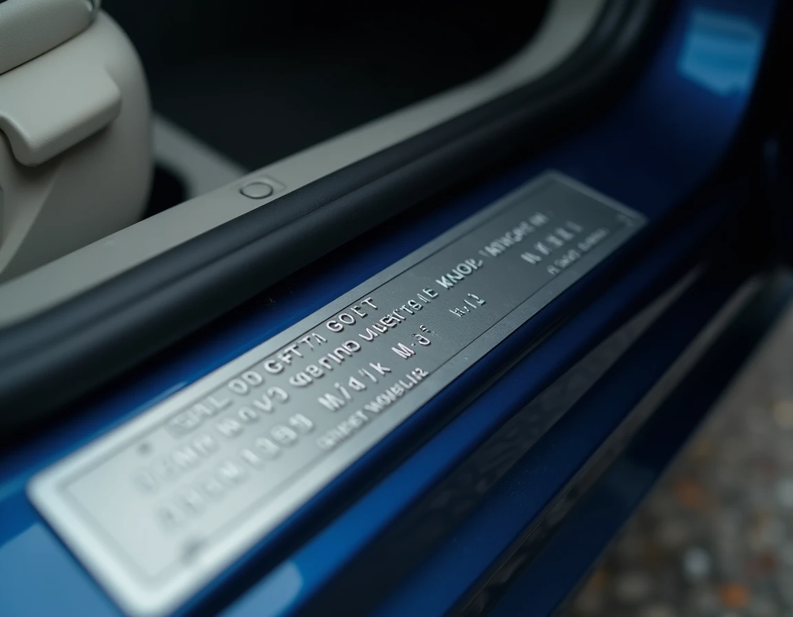 Plaque constructeur sur le montant de porte d'une Golf 7 indiquant le poids à vide et le PTAC