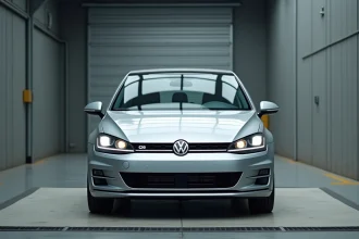 Volkswagen Golf 7 argentée sur une balance de pesée dans un centre d'homologation automobile