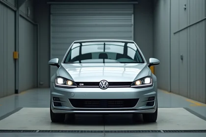 Volkswagen Golf 7 argentée sur une balance de pesée dans un centre d'homologation automobile