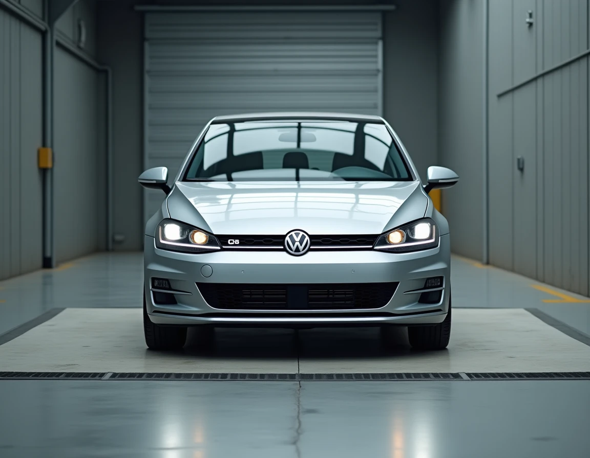 Volkswagen Golf 7 argentée sur une balance de pesée dans un centre d'homologation automobile