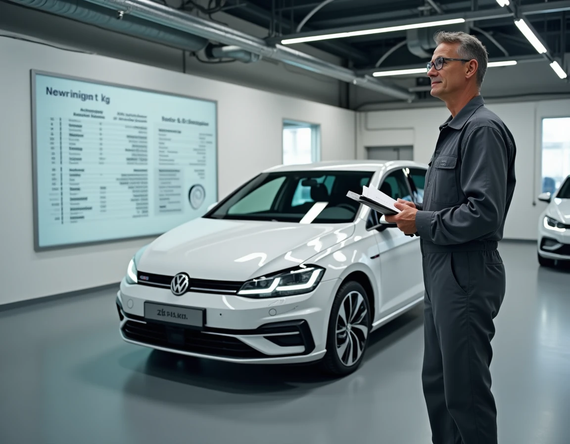 Ingénieur automobile consultant les données de poids d'une Golf 7 blanche en showroom