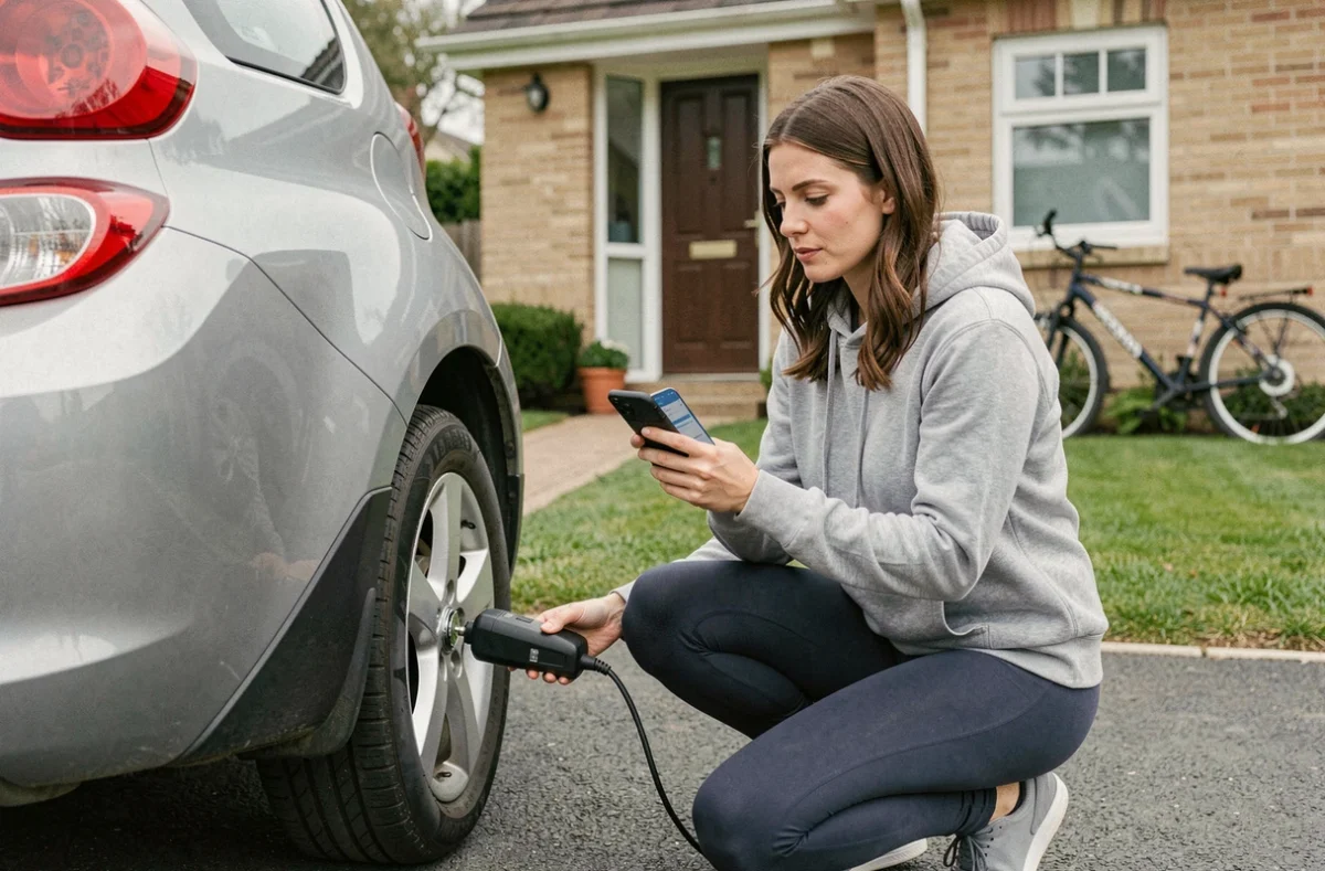 Femme gonflant un pneu de voiture avec un gonfleur électrique portable devant sa maison