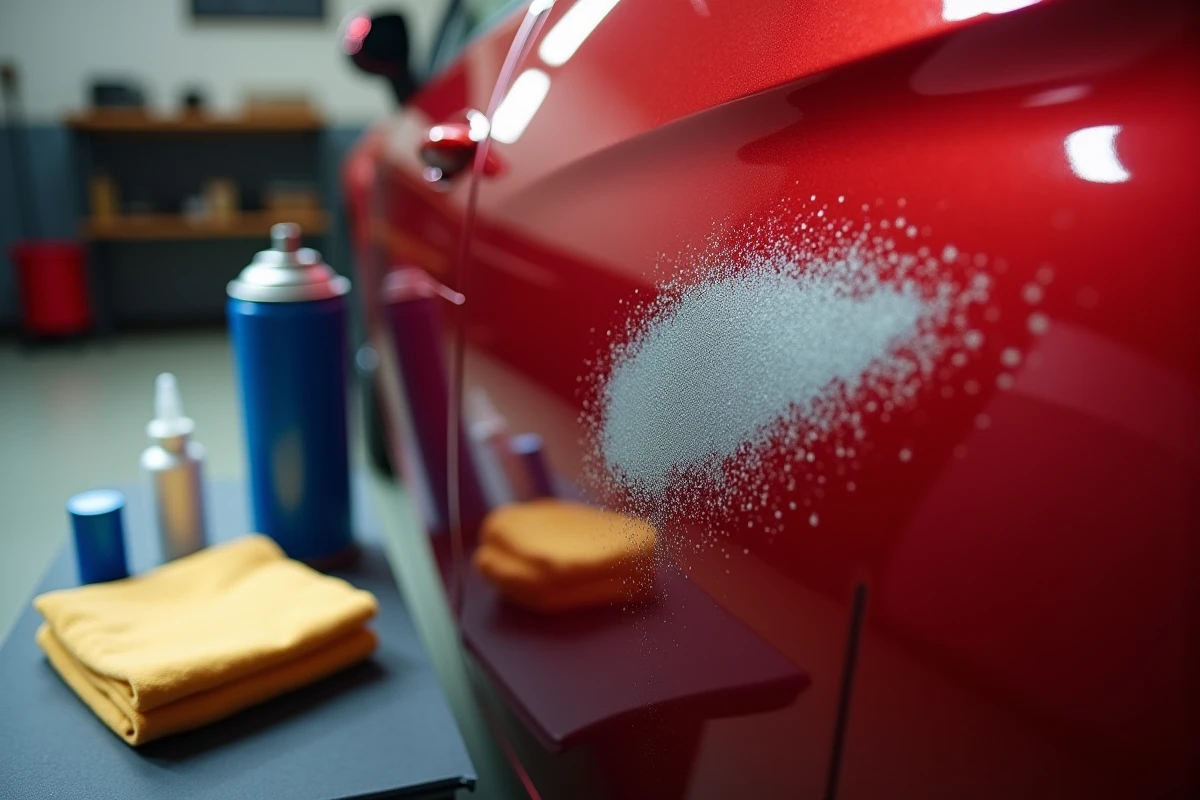 Gros plan sur une carrosserie rouge rayée avec bombe de peinture aérosol, papier abrasif et chiffon microfibre pour réparation de rayures et éclats