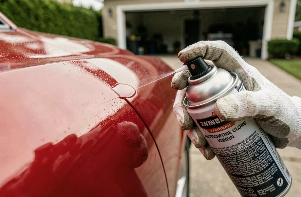 Gros plan d'une main gantée tenant une bombe de vernis carrosserie appliqué sur une portière de voiture rouge