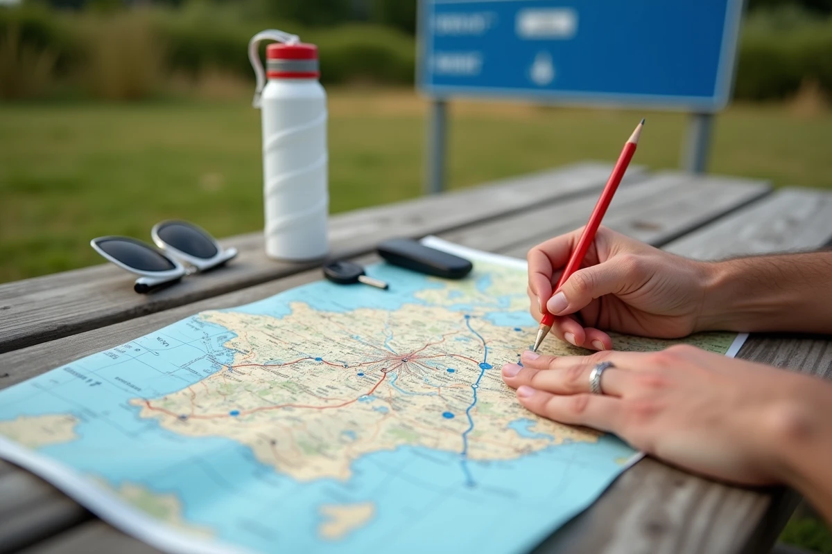 Gros plan sur une carte autoroutière française dépliée sur une table de pique-nique d'une aire d'autoroute avec accessoires de voyage autour