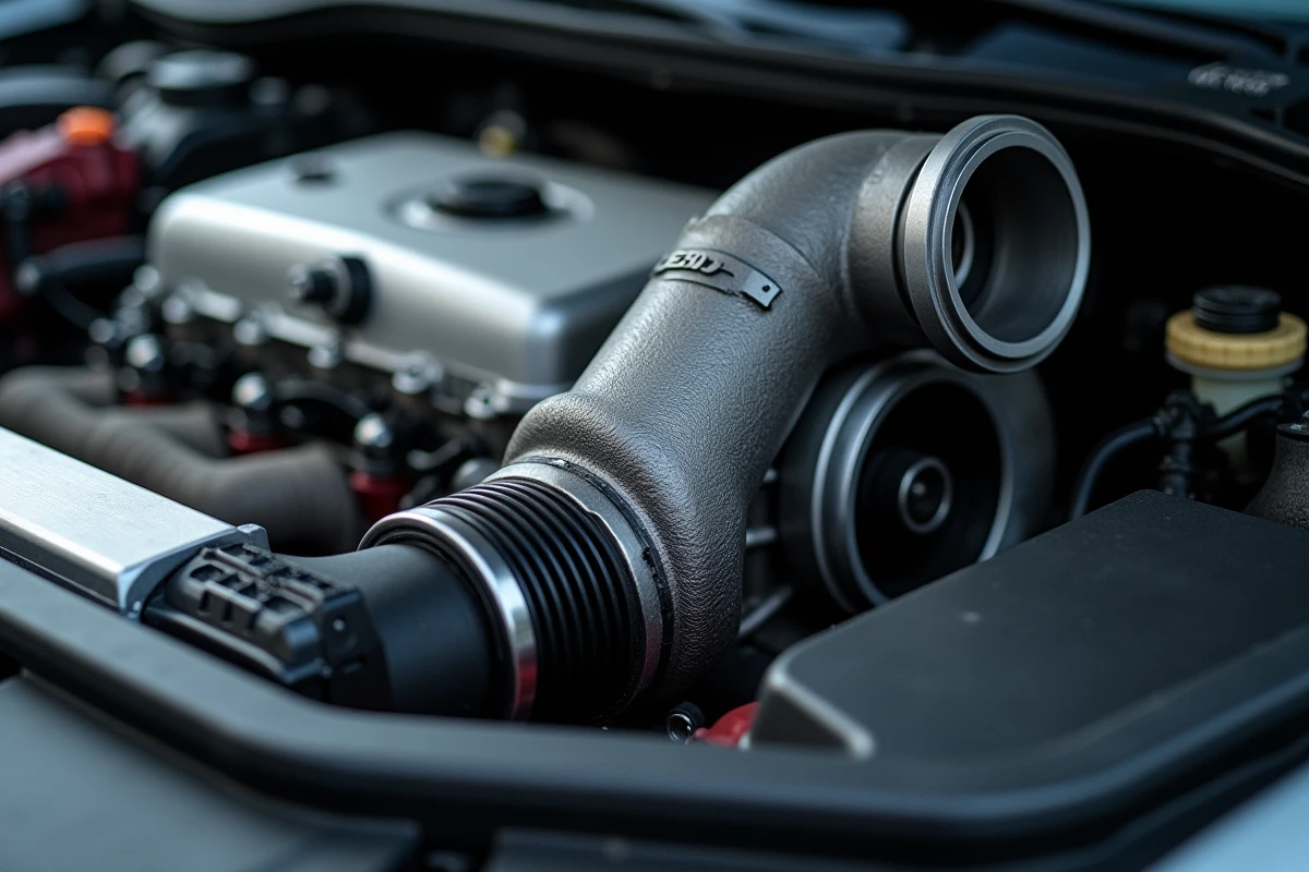 Gros plan sur un turbocompresseur et l'ECU d'un moteur essence modifié pour une reprogrammation Shitech