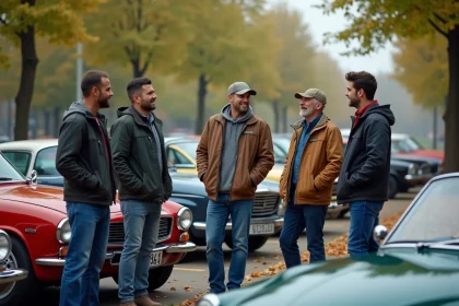 Groupe de passionn&eacute;s de voitures anciennes en discussion