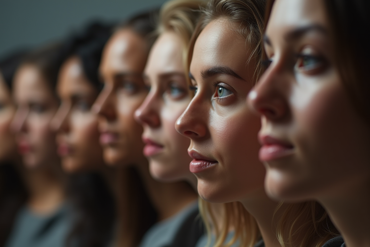 Groupe de têtes diverses vues du dessus en studio