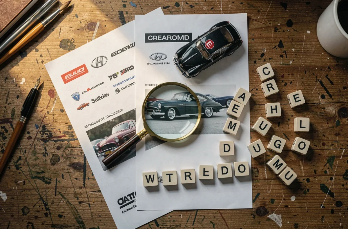 Mise en scène éditoriale vue de dessus avec guides de marques automobiles, modèle réduit et lettres alphabet sur bureau en bois