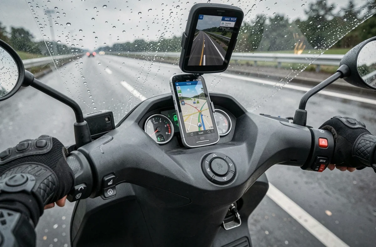 Gros plan sur le guidon d'un scooter avec GPS et gants imperméables sur autoroute sous la pluie