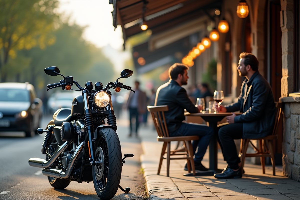 Motard Harley seul à une table en extérieur au soleil