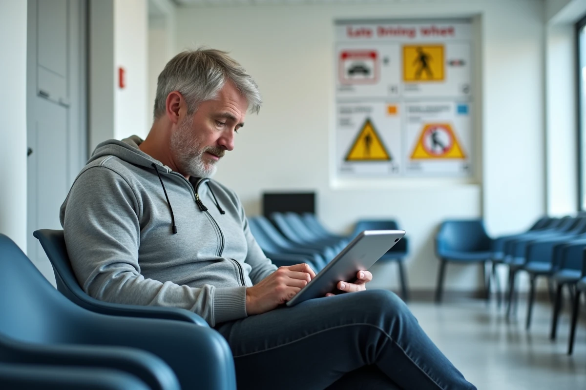 Homme dans une auto-école consultant des exercices de code de la route sur tablette avant de repasser l'examen