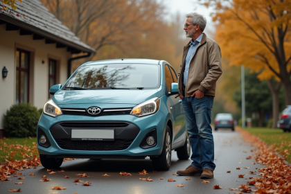 Homme d'âge moyen vérifiant sa voiture dans la cour