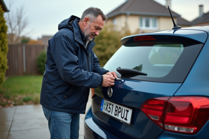 Homme attachant une plaque d'immatriculation française