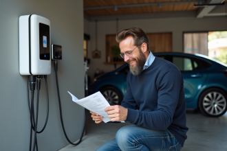 Homme lisant manuel près d'une station de charge électrique