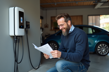 Homme lisant manuel près d'une station de charge électrique
