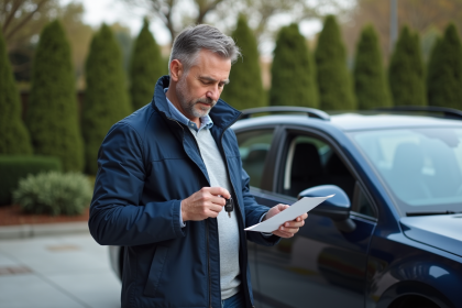 Homme d'âge moyen avec clé de voiture devant sa voiture
