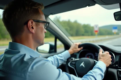 Homme d'âge moyen conduisant une voiture sur l'autoroute en France