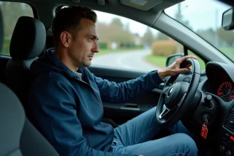 Homme regardant le tableau de bord de sa Renault Clio