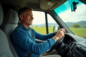 Homme d'âge moyen conduisant un van en campagne