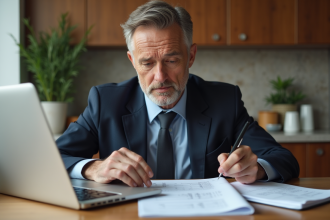 Homme d'affaires compare documents assurance à la maison