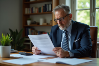 Homme d'affaires examine des documents d'assurance à son bureau