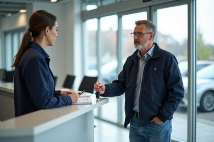 Homme d'âge moyen parlant à la réception d'un centre de contrôle automobile