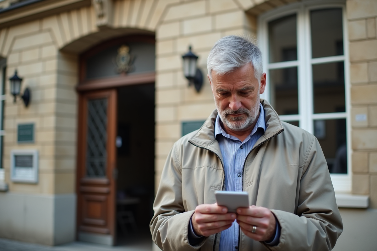 Homme regardant son permis devant la préfecture française