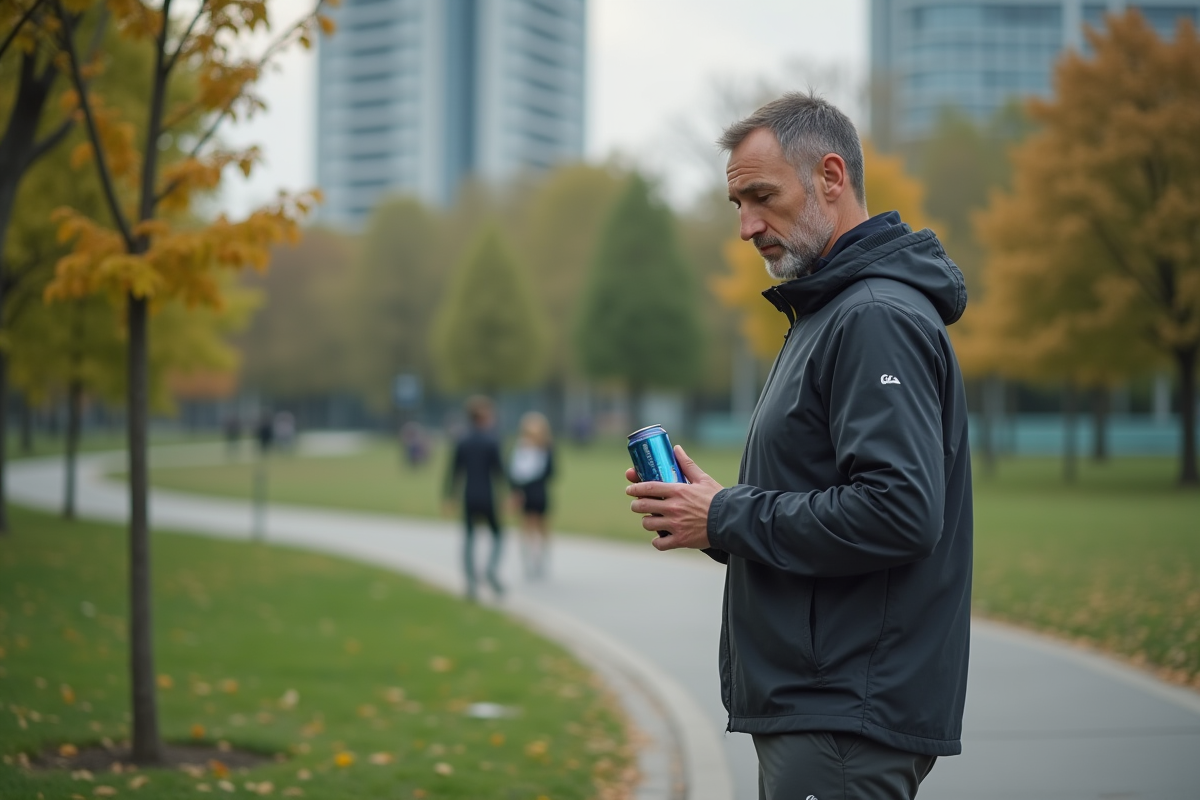 Homme avec boisson énergétique dans un parc