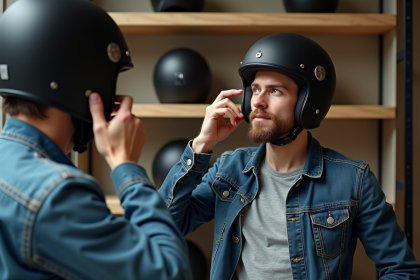 Jeune homme essayant un casque moto dans un magasin
