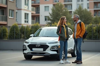 Homme et adolescente discutant près d'une voiture urbaine