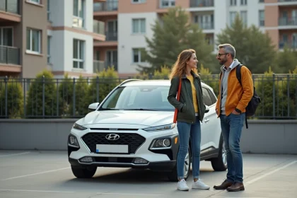 Homme et adolescente discutant près d'une voiture urbaine