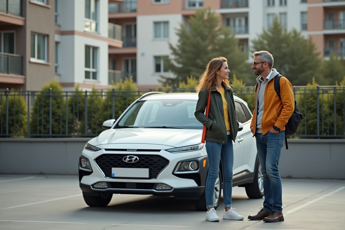 Homme et adolescente discutant près d'une voiture urbaine