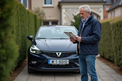 Homme français examine une plaque d'immatriculation devant sa voiture