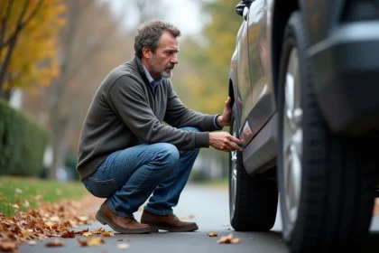 Homme inspectant un pneu toutes-saisons &agrave; l'ext&eacute;rieur